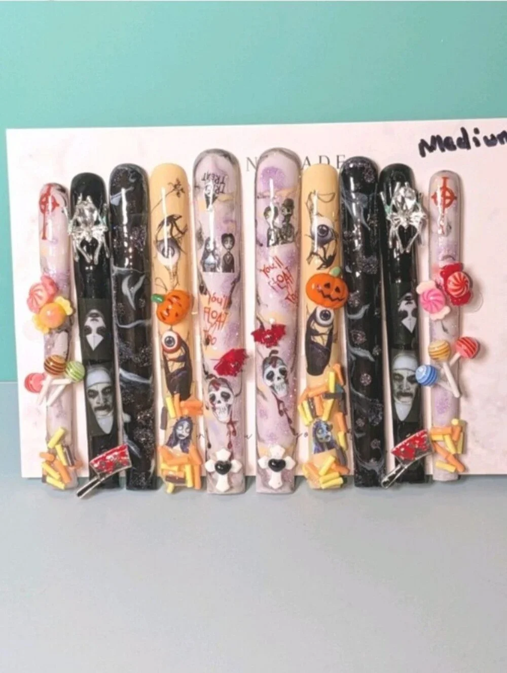 Hand Crafted Halloween 6XL Press-On Nails - Black, White, Yellow, Purple, Orange